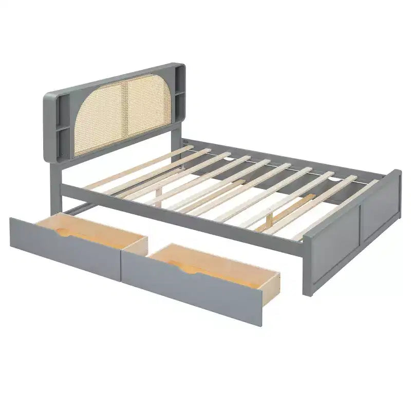 Cadre de lit Queen avec lit gigogne, lit plateforme en bois avec tête de lit en rotin et 2 tiroirs, support à lattes en bois, sans sommier requis