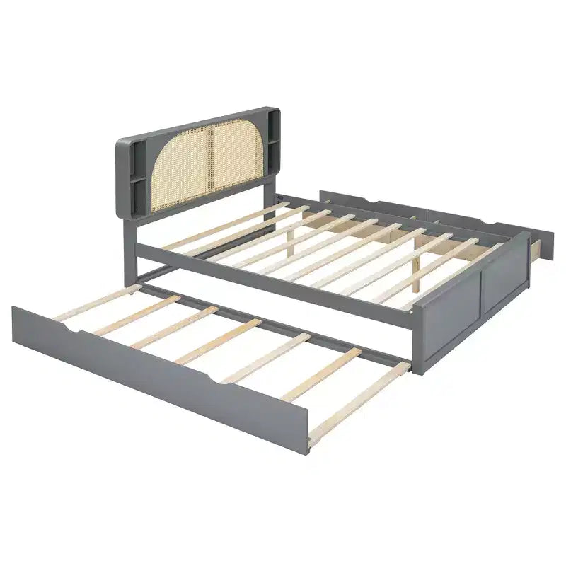 Bettgestell für Queensize-Bett mit Ausziehbett, Holzplattformbett mit Rattankopfteil und 2 Schubladen, Lattenrost aus Holz, kein Boxspring erforderlich