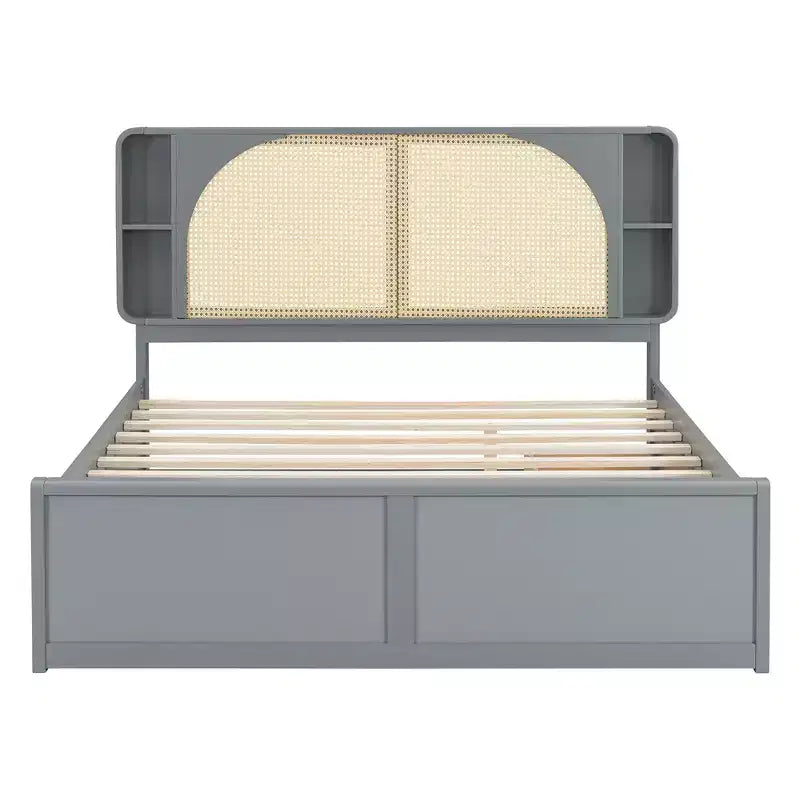Bettgestell für Queensize-Bett mit Ausziehbett, Holzplattformbett mit Rattankopfteil und 2 Schubladen, Lattenrost aus Holz, kein Boxspring erforderlich