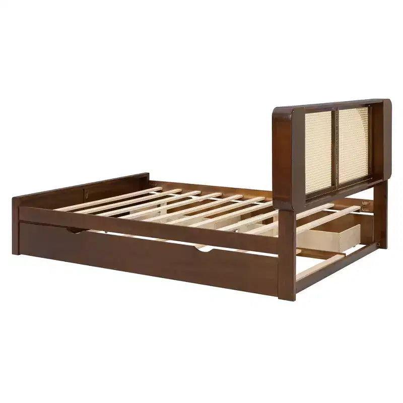 Bettgestell für Queensize-Bett mit Ausziehbett, Holzplattformbett mit Rattankopfteil und 2 Schubladen, Lattenrost aus Holz, kein Boxspring erforderlich