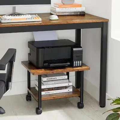 Support d’imprimante à 2 niveaux sous le bureau, chariot mobile pour appareils avec étagère, rangement robuste pour le bureau et la maison