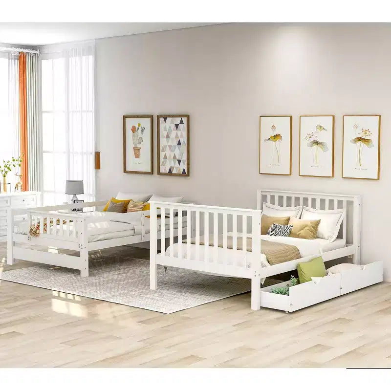 Litera de camas dobles con estantes y 6 cajones de almacenamiento