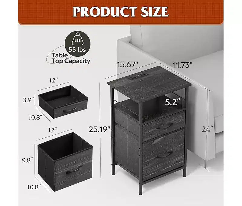 Table de chevet avec station de recharge, table d’appoint avec 2 tiroirs en tissu, table latérale pour salon, 2 ports USB et 2 prises