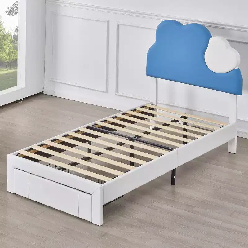 Cadre de lit rembourré pour enfants, lit simple avec tiroir de rangement, lit plateforme avec tête de lit en forme de nuage, bleu