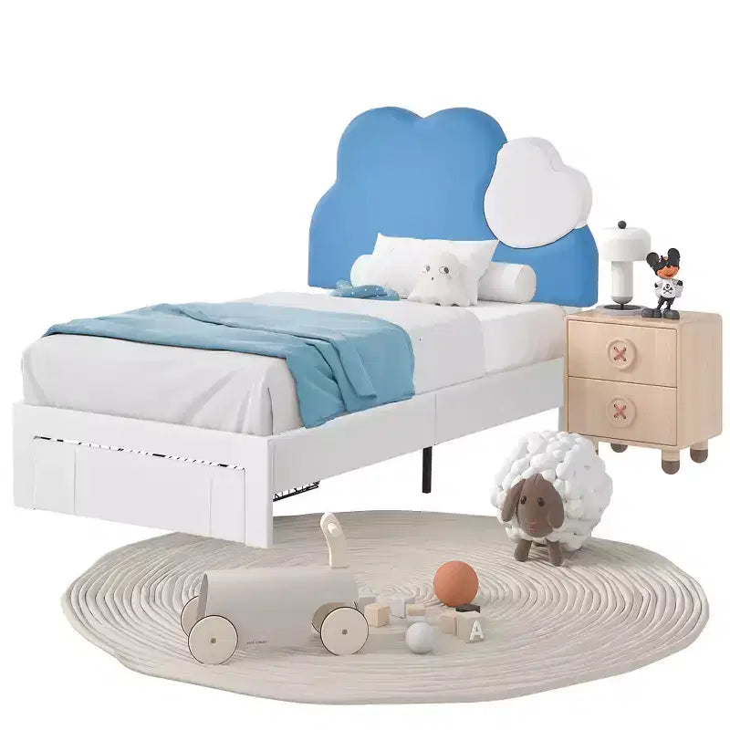 Gepolsterter Bettrahmen für Kinder, Einzelbett mit Aufbewahrungsschublade, Plattformbett mit wolkenförmigem Kopfteil, Blau