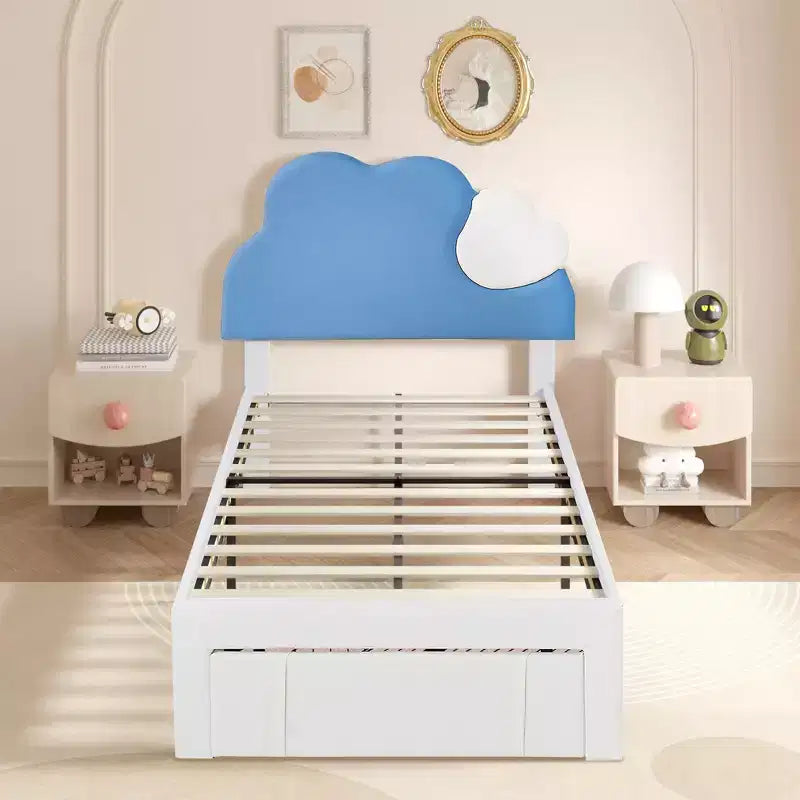 Gepolsterter Bettrahmen für Kinder, Einzelbett mit Aufbewahrungsschublade, Plattformbett mit wolkenförmigem Kopfteil, Blau