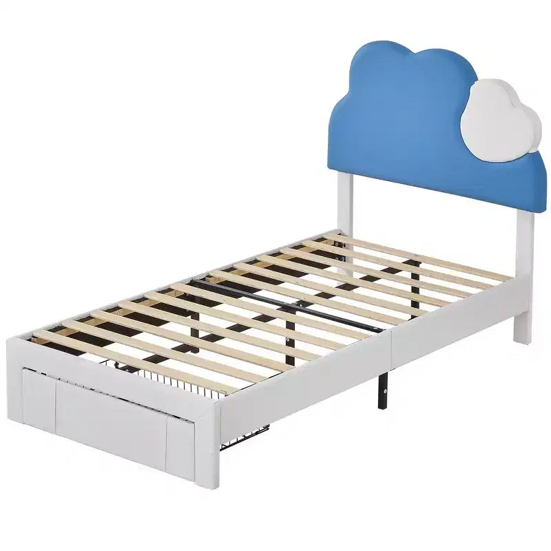 Gepolsterter Bettrahmen für Kinder, Einzelbett mit Aufbewahrungsschublade, Plattformbett mit wolkenförmigem Kopfteil, Blau