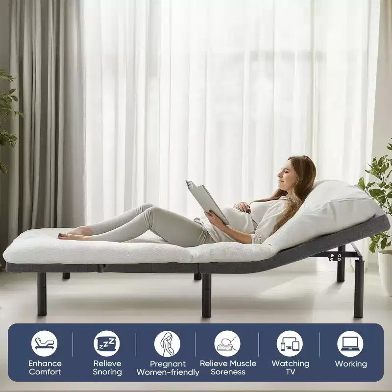 Cadre de lit motorisé ergonomique avec télécommande sans fil - Inclinaison indépendante de la tête et des pieds, moteur électrique silencieux, idéal pour se détendre, travailler, lire et regarder la télévision