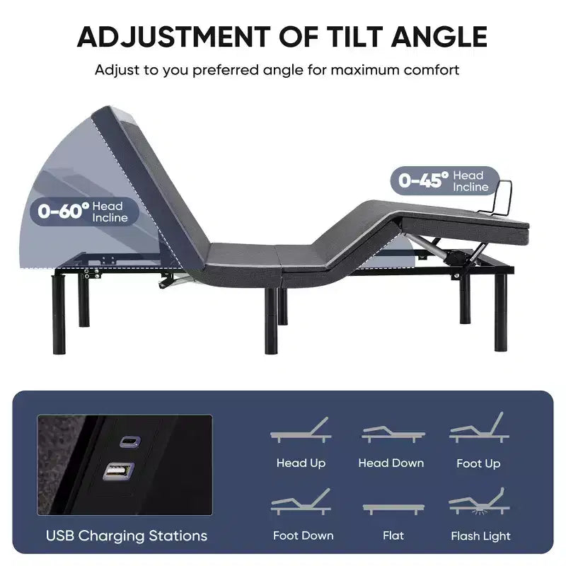 Cadre de lit motorisé ergonomique avec télécommande sans fil - Inclinaison indépendante de la tête et des pieds, moteur électrique silencieux, idéal pour se détendre, travailler, lire et regarder la télévision