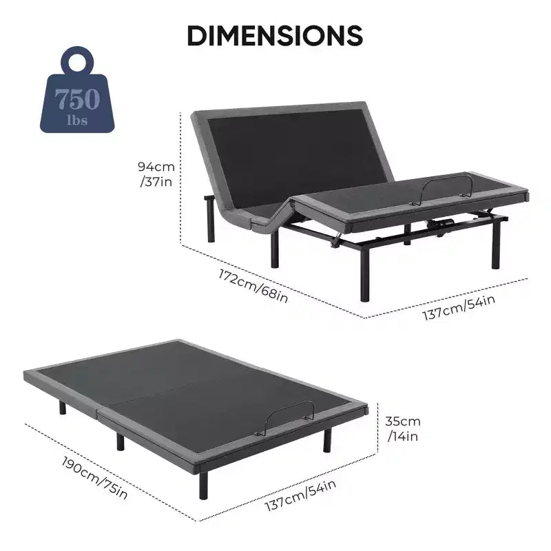 Cadre de lit motorisé ergonomique avec télécommande sans fil - Inclinaison indépendante de la tête et des pieds, moteur électrique silencieux, idéal pour se détendre, travailler, lire et regarder la télévision