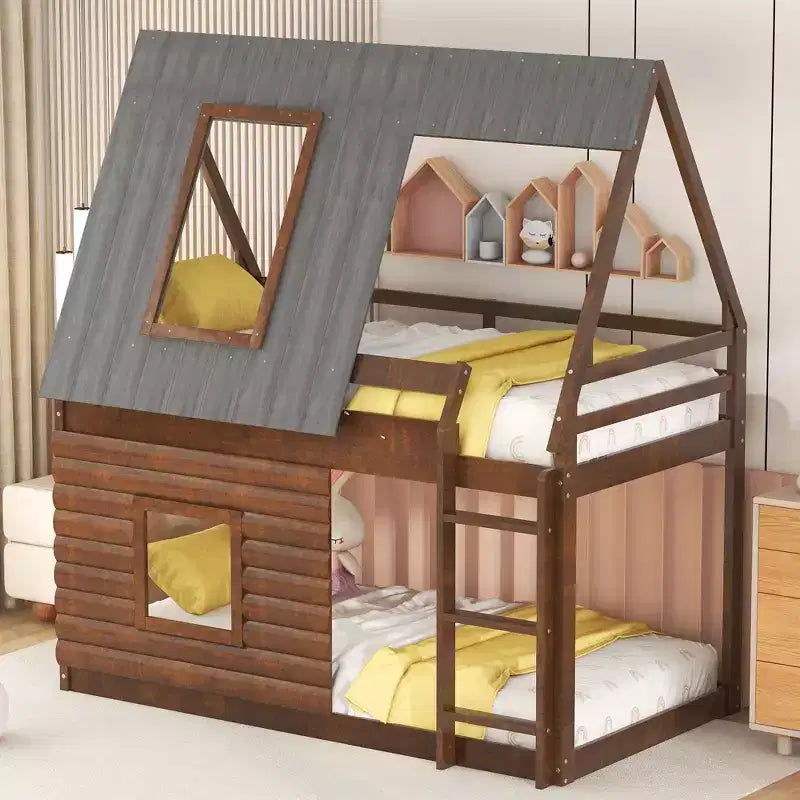 Whisen Elegant Design Twin Size House Bunk Bed with Roof, Ladder and 2 Windows