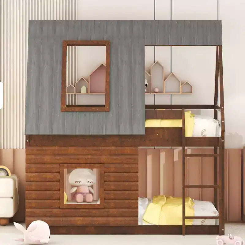Elegantes Etagenbett in Hausform für zwei Einzelbetten mit Dach, Leiter und 2 Fenstern