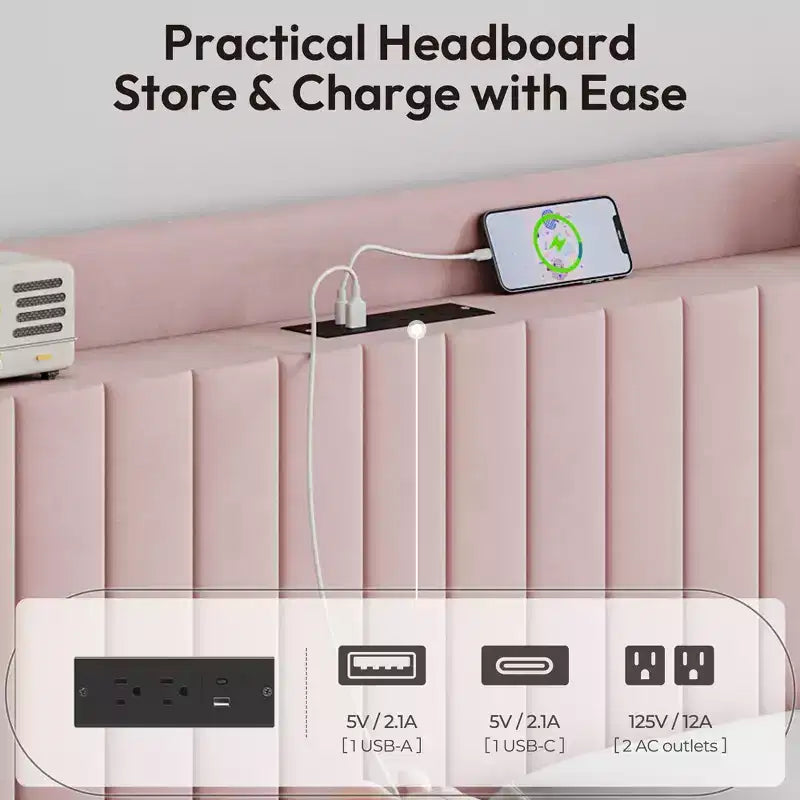 Cadre de lit rembourré avec prises de recharge et ports USB
