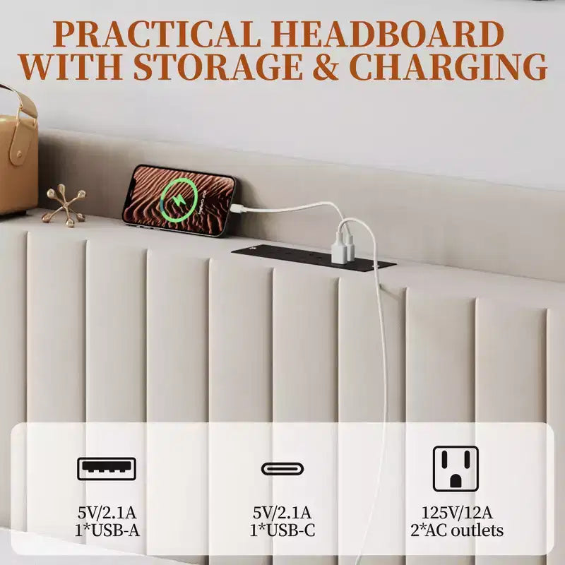Cadre de lit rembourré avec prises de recharge et ports USB