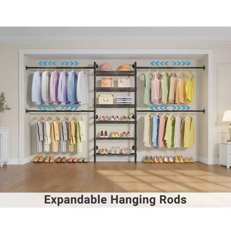 Système d’organisation de placard, portant à vêtements mural extensible, portant à vêtements en tuyaux de style industriel, convient aux espaces de 6'4-9'3