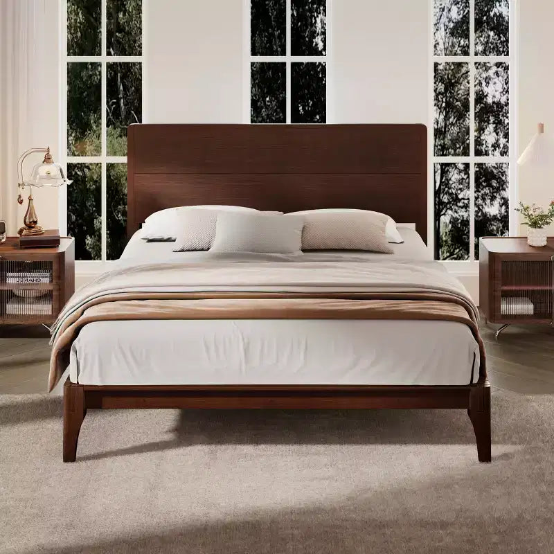 Estructura de cama con plataforma de bambú tamaño Full/Queen/King y listones de soporte de madera, estilo moderno de mediados de siglo