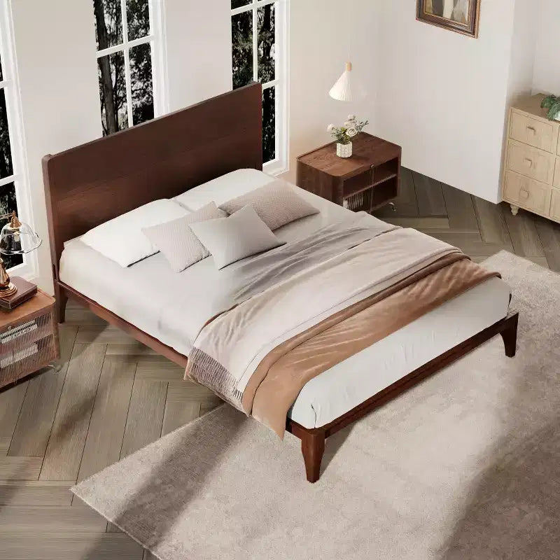 Estructura de cama con plataforma de bambú tamaño Full/Queen/King y listones de soporte de madera, estilo moderno de mediados de siglo