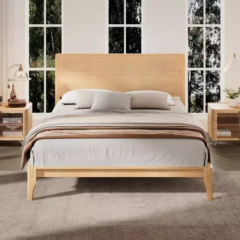 Estructura de cama con plataforma de bambú tamaño Full/Queen/King y listones de soporte de madera, estilo moderno de mediados de siglo