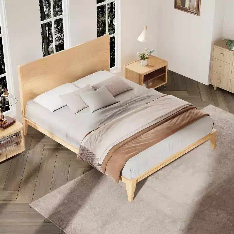 Estructura de cama con plataforma de bambú tamaño Full/Queen/King y listones de soporte de madera, estilo moderno de mediados de siglo