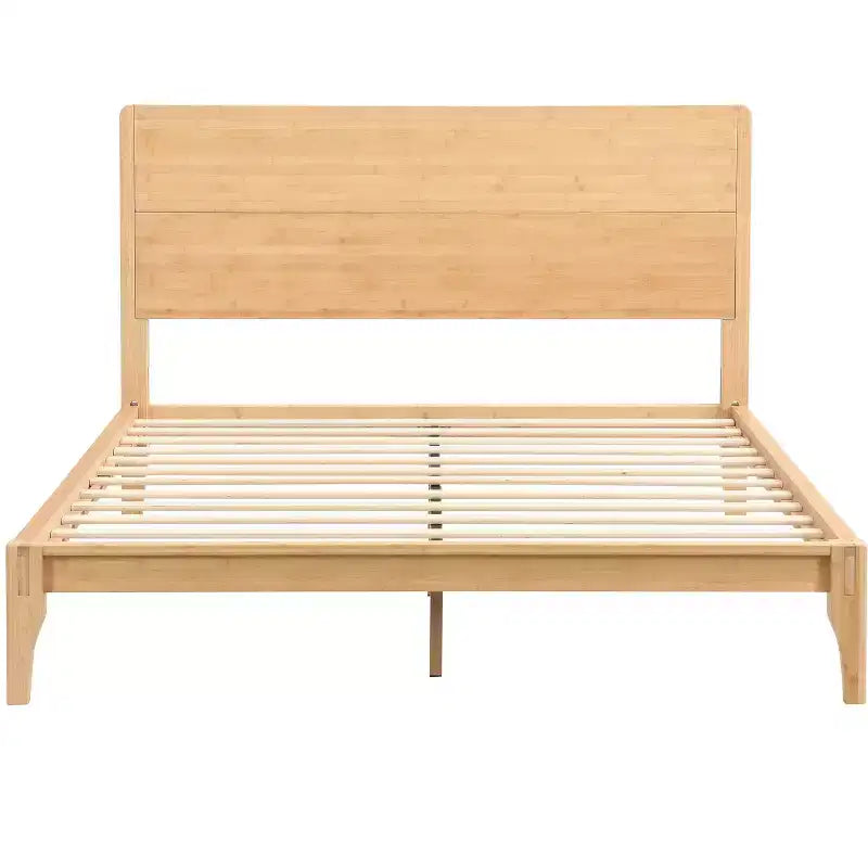 Estructura de cama con plataforma de bambú tamaño Full/Queen/King y listones de soporte de madera, estilo moderno de mediados de siglo
