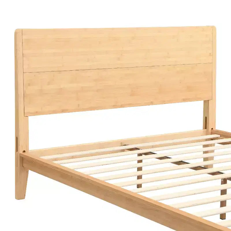 Estructura de cama con plataforma de bambú tamaño Full/Queen/King y listones de soporte de madera, estilo moderno de mediados de siglo