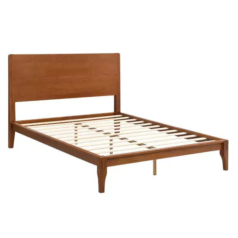 Estructura de cama con plataforma de bambú tamaño Full/Queen/King y listones de soporte de madera, estilo moderno de mediados de siglo
