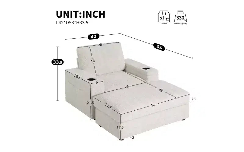Tumbona extragrande de piel sintética de conejo con otomana de almacenamiento y reposabrazos, sofá cama tapizado con portavasos