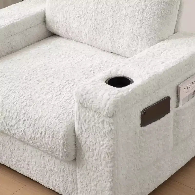 Tumbona extragrande de piel sintética de conejo con otomana de almacenamiento y reposabrazos, sofá cama tapizado con portavasos