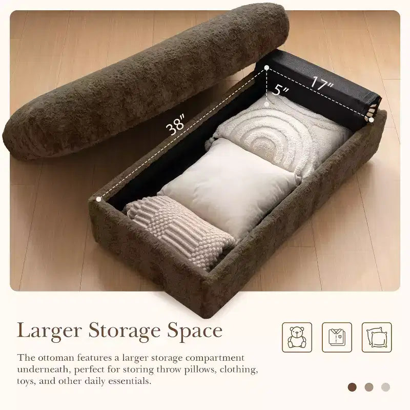 Tumbona extragrande de piel sintética de conejo con otomana de almacenamiento y reposabrazos, sofá cama tapizado con portavasos