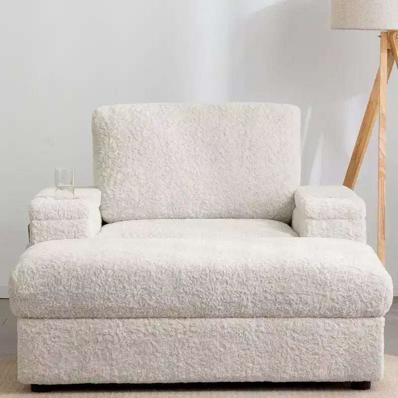 Méridienne surdimensionnée en fausse fourrure de lapin avec pouf de rangement et accoudoirs, canapé-lit rembourré avec porte-gobelets