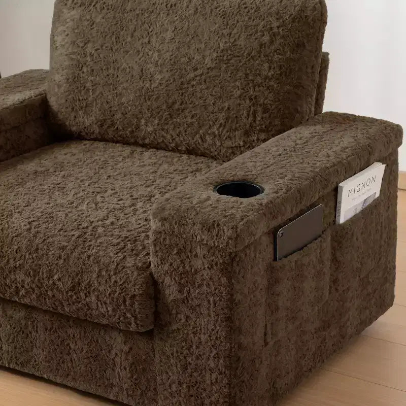 Tumbona extragrande de piel sintética de conejo con otomana de almacenamiento y reposabrazos, sofá cama tapizado con portavasos