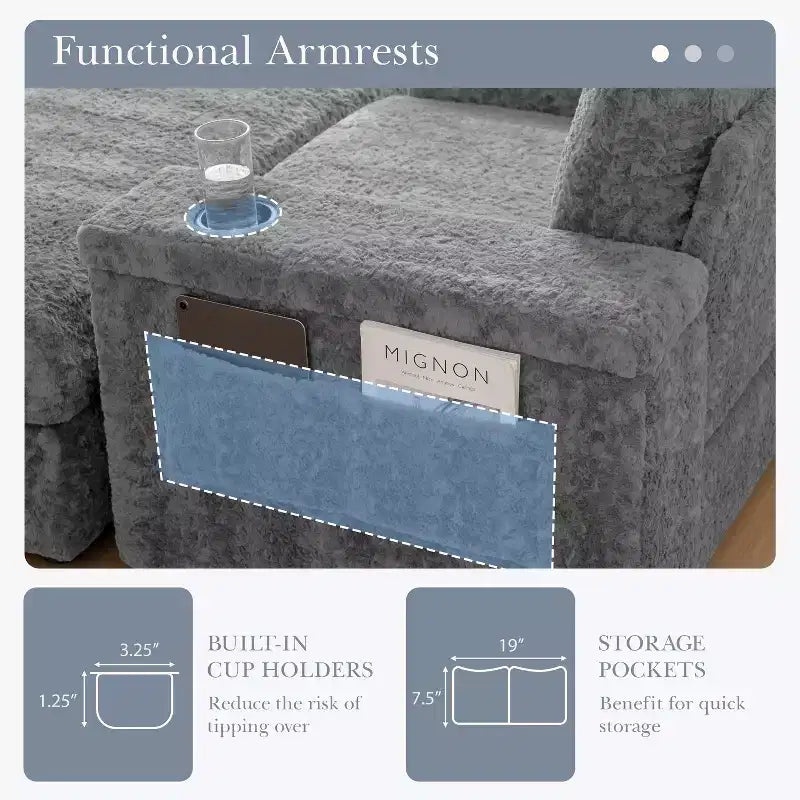 Tumbona extragrande de piel sintética de conejo con otomana de almacenamiento y reposabrazos, sofá cama tapizado con portavasos