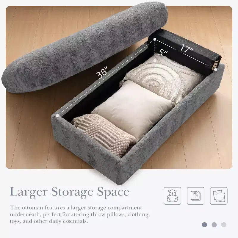 Tumbona extragrande de piel sintética de conejo con otomana de almacenamiento y reposabrazos, sofá cama tapizado con portavasos