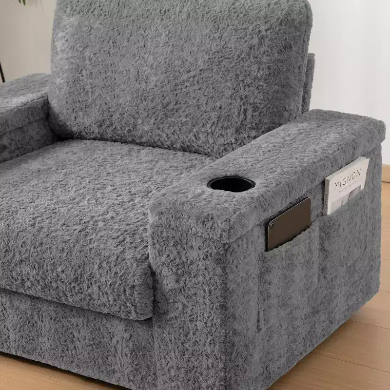 Tumbona extragrande de piel sintética de conejo con otomana de almacenamiento y reposabrazos, sofá cama tapizado con portavasos