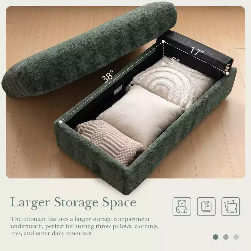 Tumbona extragrande de piel sintética de conejo con otomana de almacenamiento y reposabrazos, sofá cama tapizado con portavasos