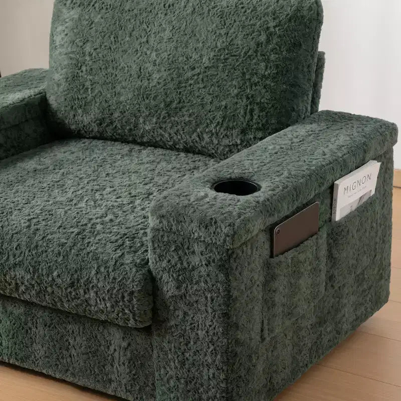 Tumbona extragrande de piel sintética de conejo con otomana de almacenamiento y reposabrazos, sofá cama tapizado con portavasos