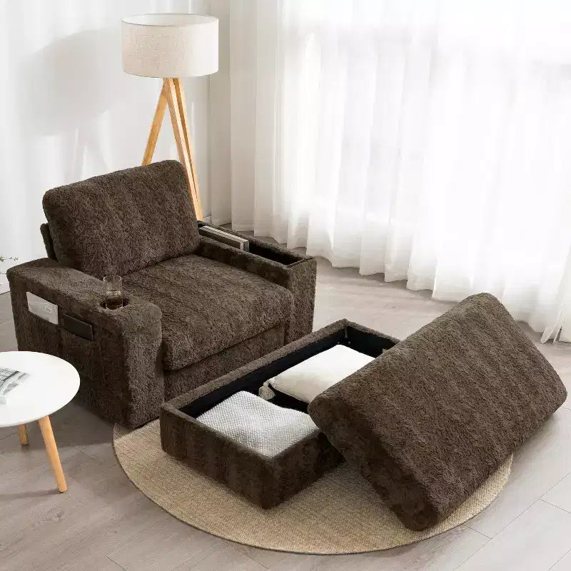 Méridienne surdimensionnée en fausse fourrure de lapin avec pouf de rangement et accoudoirs, canapé-lit rembourré avec porte-gobelets