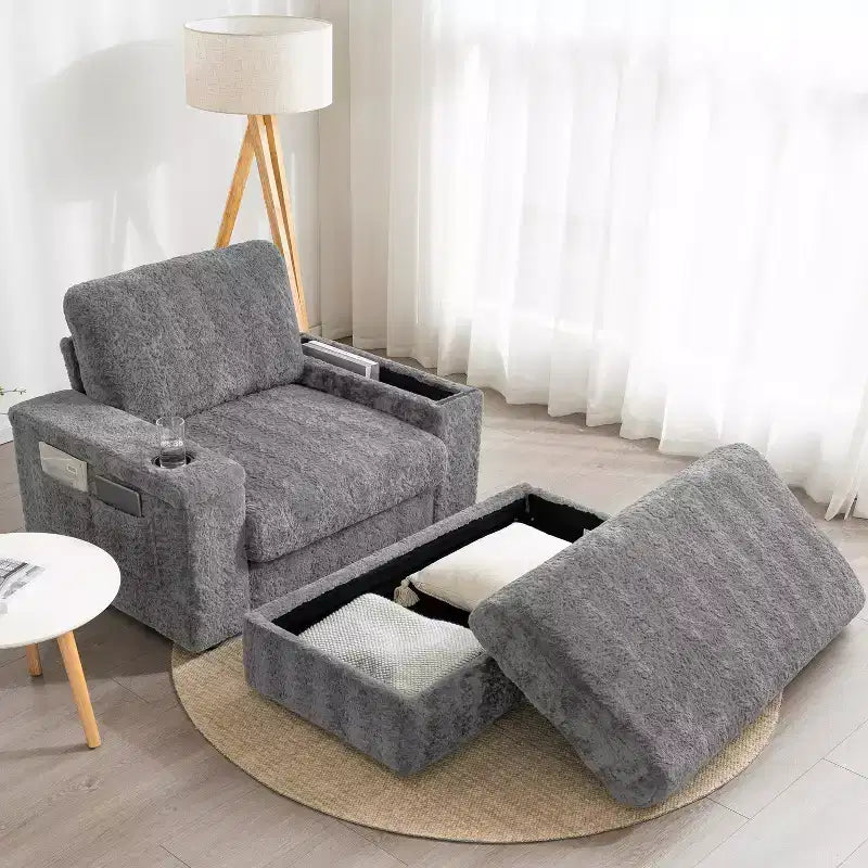 Méridienne surdimensionnée en fausse fourrure de lapin avec pouf de rangement et accoudoirs, canapé-lit rembourré avec porte-gobelets