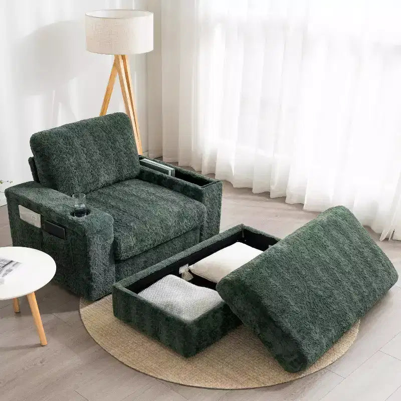 Méridienne surdimensionnée en fausse fourrure de lapin avec pouf de rangement et accoudoirs, canapé-lit rembourré avec porte-gobelets