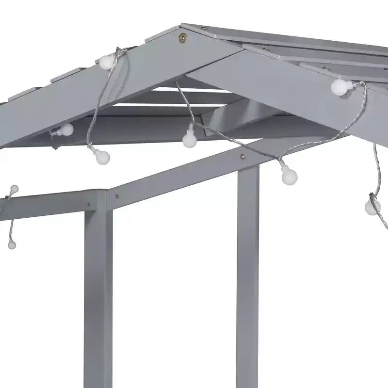 Cama alta tipo casita de 78.9L x 72.7W para cama individual, con escalera y tobogán, pizarra y tira de luz en el techo