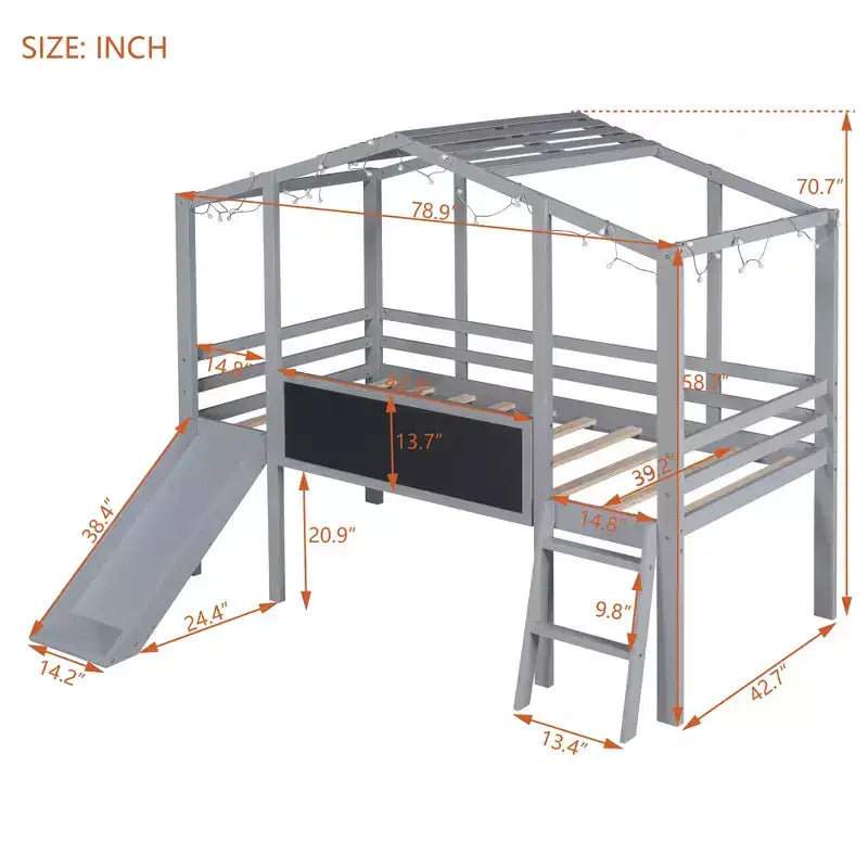 Cama alta tipo casita de 78.9L x 72.7W para cama individual, con escalera y tobogán, pizarra y tira de luz en el techo