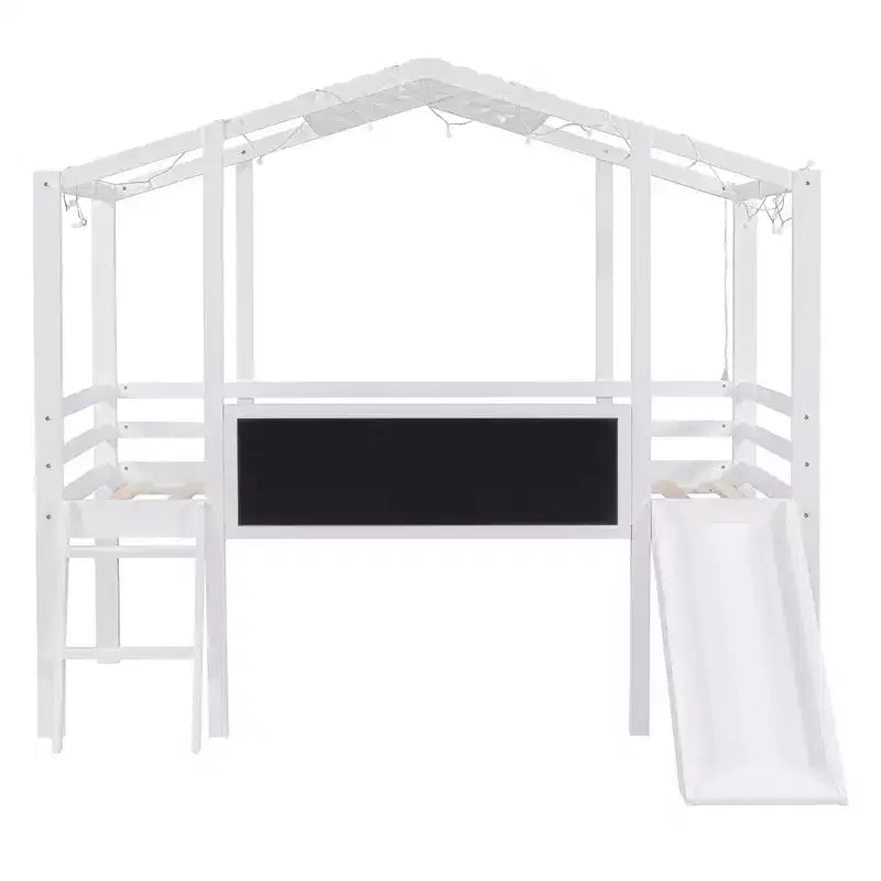 Cama alta tipo casita de 78.9L x 72.7W para cama individual, con escalera y tobogán, pizarra y tira de luz en el techo