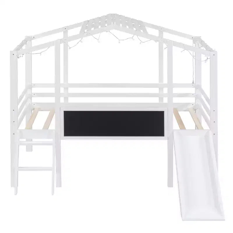 Cama alta tipo casita de 78.9L x 72.7W para cama individual, con escalera y tobogán, pizarra y tira de luz en el techo