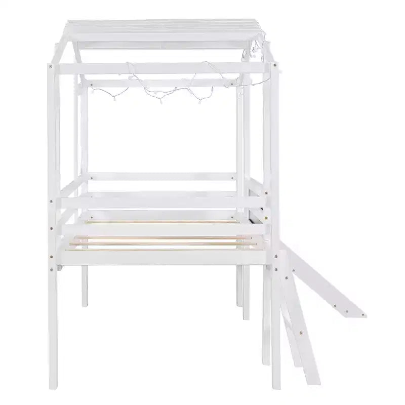 Cama alta tipo casita de 78.9L x 72.7W para cama individual, con escalera y tobogán, pizarra y tira de luz en el techo
