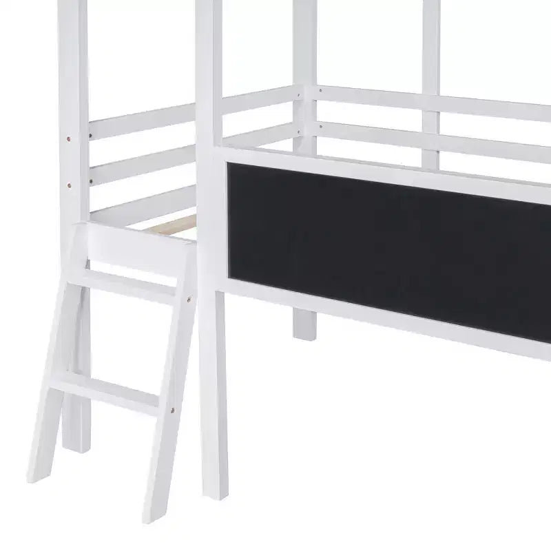 Cama alta tipo casita de 78.9L x 72.7W para cama individual, con escalera y tobogán, pizarra y tira de luz en el techo