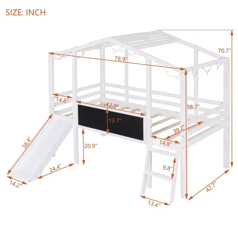 Cama alta tipo casita de 78.9L x 72.7W para cama individual, con escalera y tobogán, pizarra y tira de luz en el techo