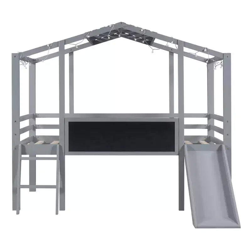Lit mezzanine cabane pour lit jumeau, 78.9L x 72.7W, avec échelle et toboggan, tableau noir et bande lumineuse sur le toit