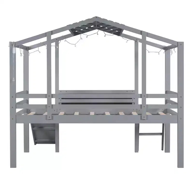 Lit mezzanine cabane pour lit jumeau, 78.9L x 72.7W, avec échelle et toboggan, tableau noir et bande lumineuse sur le toit
