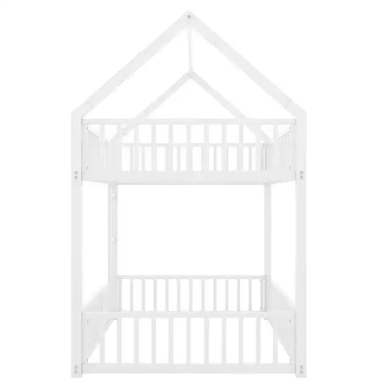 Litera metálica para dos camas individuales, con barandilla y puerta, estructura de cama tipo casita