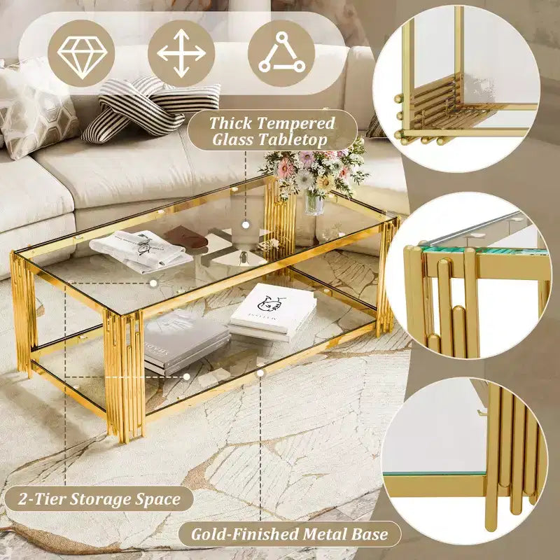 Juego de mesas de vidrio: mesa de centro, mesa auxiliar de sofá, mesa decorativa, mesa auxiliar y mesa de cóctel, con estructura metálica dorada, redondas/cuadradas/rectangulares